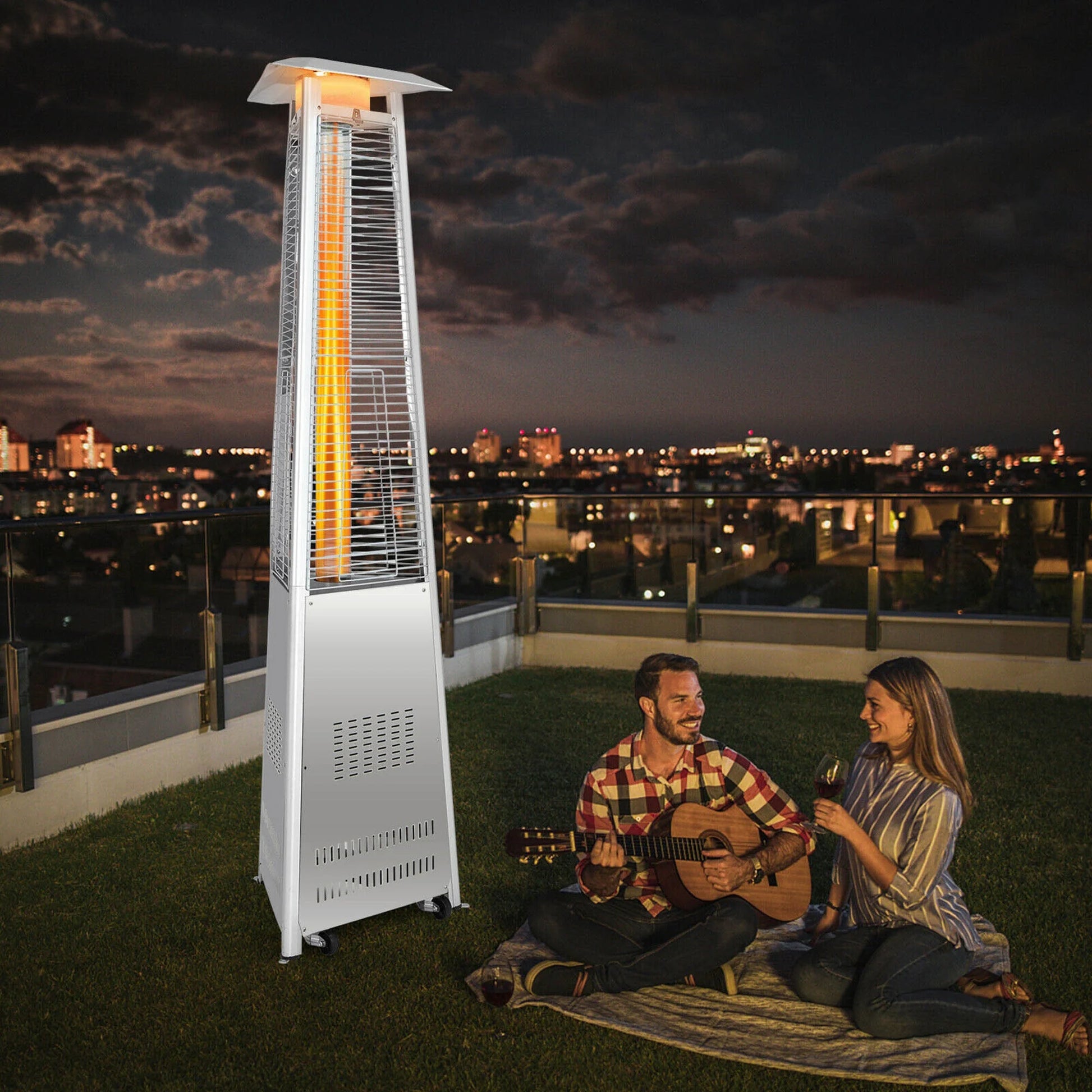 Gymax 42,000 BTU Stainless Steel Pyramid Patio Heater Glass Tube Flame W/Wheels
