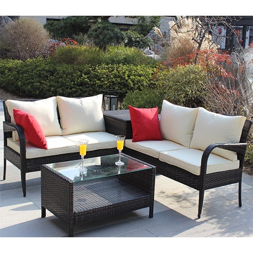 Rattan Patio Sofa Set, 4 Pieces Outdoor Sectional Furniture, All-Weather PE Rattan Wicker Patio Conversation, Cushioned Sofa Set with Glass Table & Storage Box for Patio Garden Poolside Deck