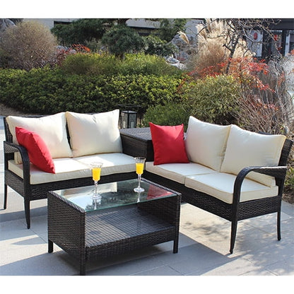Rattan Patio Sofa Set, 4 Pieces Outdoor Sectional Furniture, All-Weather PE Rattan Wicker Patio Conversation, Cushioned Sofa Set with Glass Table & Storage Box for Patio Garden Poolside Deck