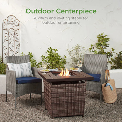 Best Choice Products 28in Propane Gas Fire Pit Table 50,000 BTU Outdoor Wicker w/Glass Beads, Tank Holder Brown