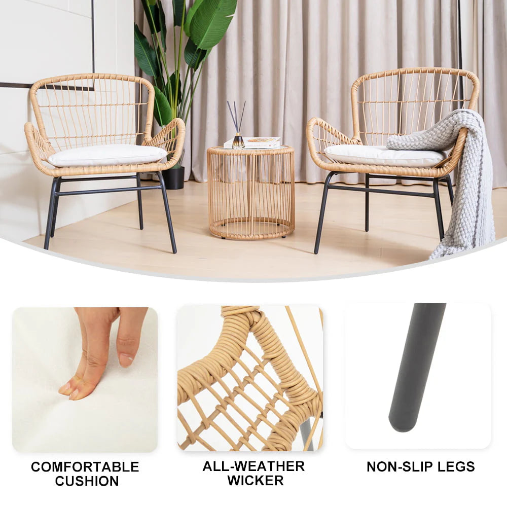 Outdoor Bistro Sets, 3 Piece Natural Color Wicker Chairs Set, Cushioned Patio Conversation Chairs Sets with 2 Armchairs and Tempered Glass Coffee Table, for Yard, Deck, Poolside, D7829