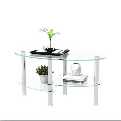 Glass Coffee Table, 3 Tier Clear Oval Glass Table with Oak Wood Legs, Smooth Edges Modern Oval Side Center Table