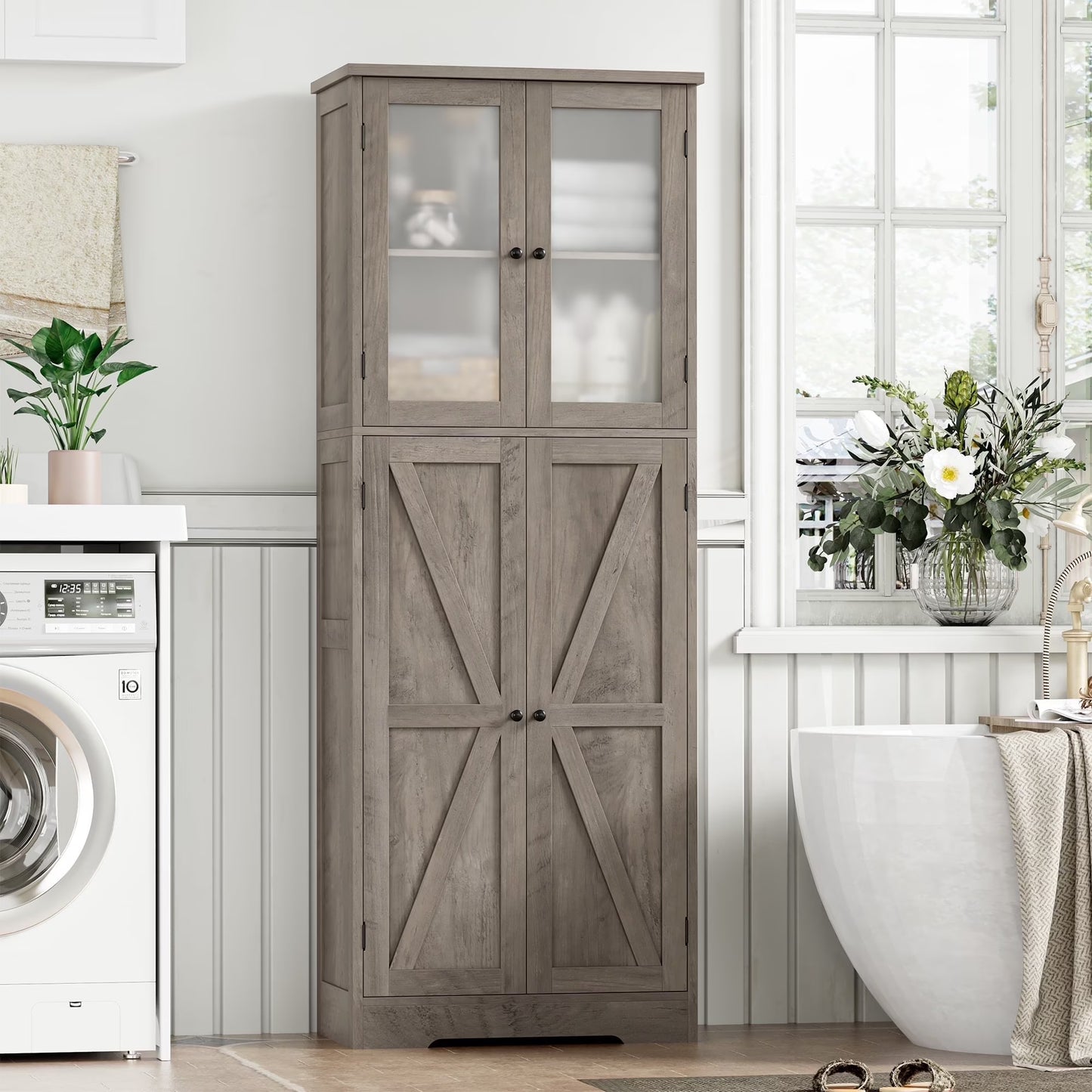 Homfa 67" Tall White Bathroom Storage Cabinet with Glass Doors, Farmhouse Freestanding Cupboard Storage Cabinet for Small Space