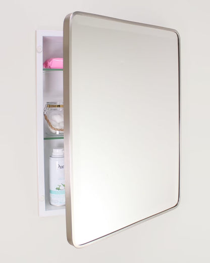 16x20 Austin Farmhouse Metal Framed Rounded Rectangle Recessed Bathroom Medicine Cabinet, Beveled Mirror, 14x18 in-Wall Opening, Powder-coated Steel, Adjustable Glass Shelves, Magnet Close, Black