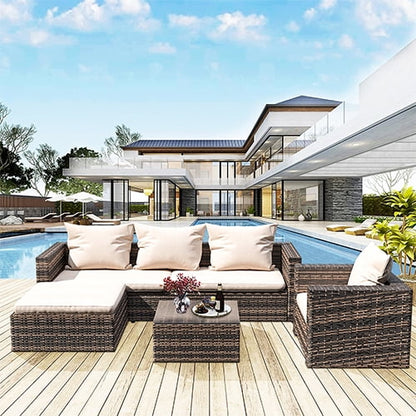 Rattan Patio Sofa Set, 4 Pieces Outdoor Sectional Furniture, All-Weather PE Rattan Wicker Patio Conversation, Cushioned Sofa Set with Glass Table & Storage Box for Patio Garden Poolside Deck