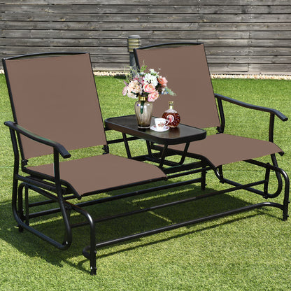 Gymax Patio 2-Person Glider Rocking Char Loveseat Garden w/Tempered Glass Table Brown