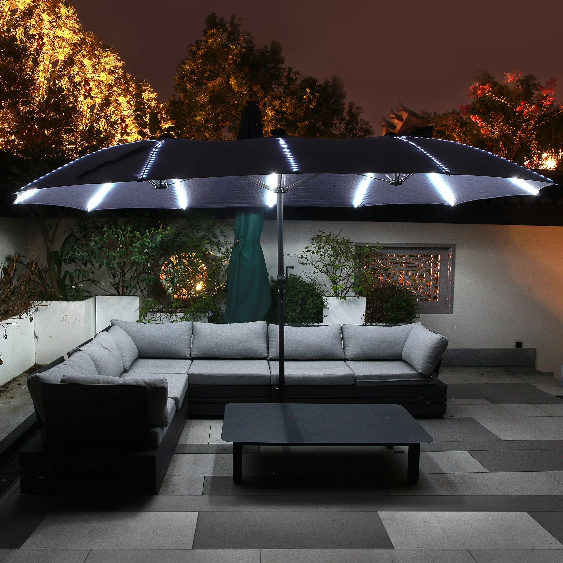 Mondawe 15ft Patio Umbrella, Large Double-Sided Solar LED Outdoor Umbrella with Fiberglass Ribs and Base for Deck Pool, Navy Blue