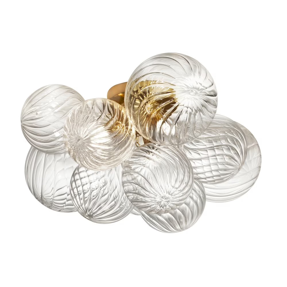Dainolite 3 Light Flush Mount, Aged Brass w/Clear Spiral Glass