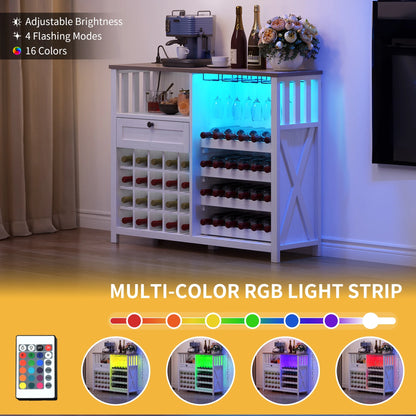 DWVO 47" Wine Bar Cabinet, Wine Cabinet with Charging Station and 16 Adjustable LED Light for Kitchen Living Room, Wine Bar Stand for Liquor and Glasses, Rustic Brown