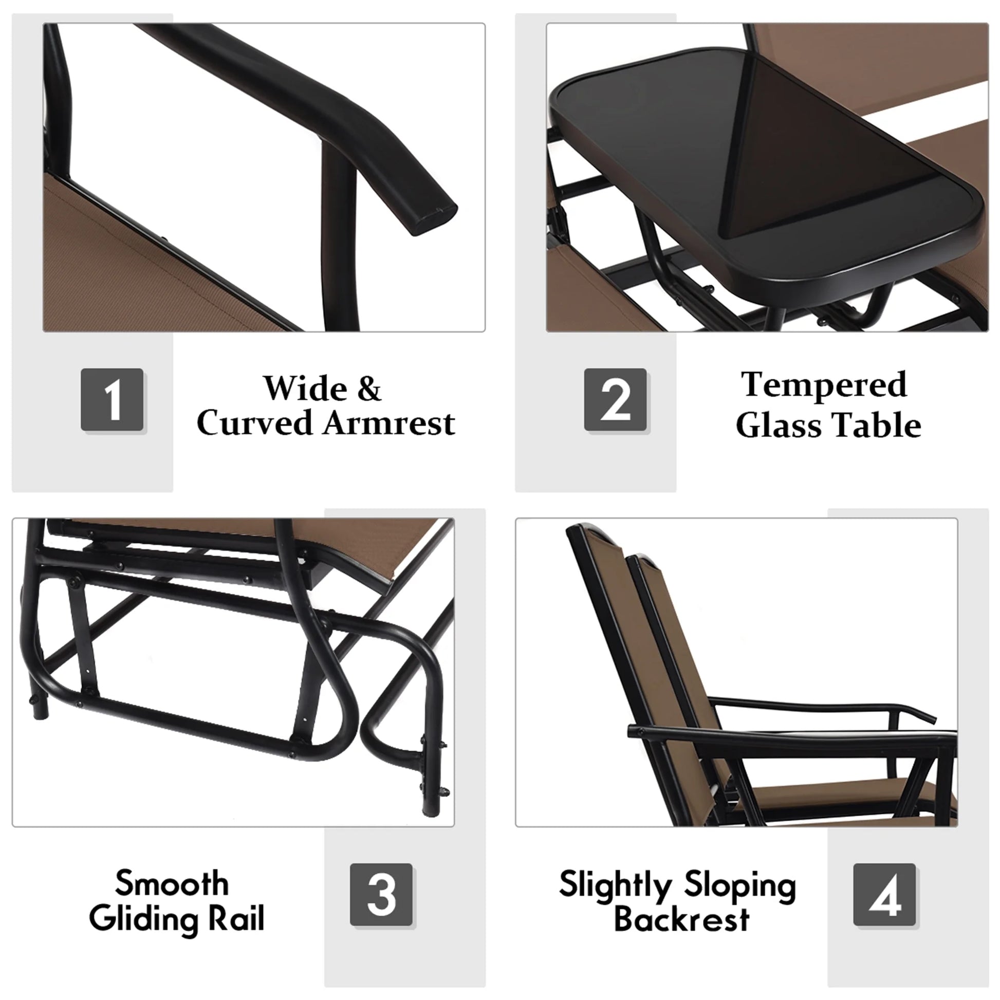 Gymax Patio 2-Person Glider Rocking Char Loveseat Garden w/Tempered Glass Table Brown