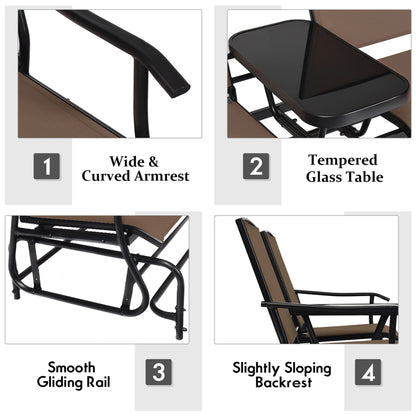 Gymax Patio 2-Person Glider Rocking Char Loveseat Garden w/Tempered Glass Table Brown