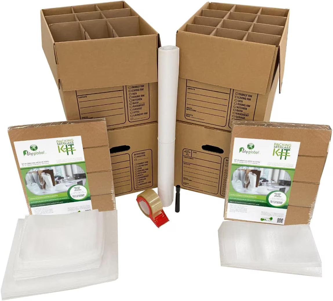 Kitchen Moving Box & Supplies Kit #1 4 Boxes with Dish/Glass Inserts