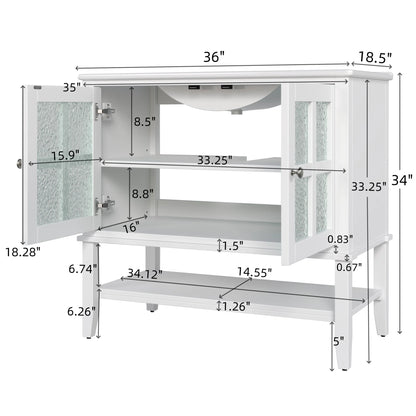 Christopher Knight Home 36" Bathroom Vanity with Sink, Textured Glass Doors, Open Shelf, White