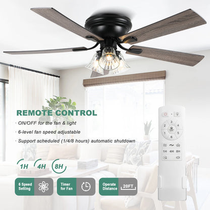Cusp Barn 52 Inch Traditional Indoor Ceiling Fan with Remote Control, Vintage Clear Glass Shade Chandelier, Low Profile Flush Mount Reversible Ceiling Fan for Bedroom