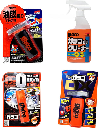 Glaco Glass Compound Roll On 100ml, Glaco Mirror Coat Zero 40ml, Glaco DX_110ml, and Glaco De Cleaner_400ml_Bundle Package