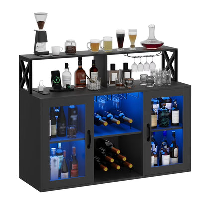 Kselythan Bar Cabinet for Home, Wine Cabinet with Power Outlets, Led Lights and and Glass Holder, Liquor Cabinet with Storage, Racks for Home, Kitchen