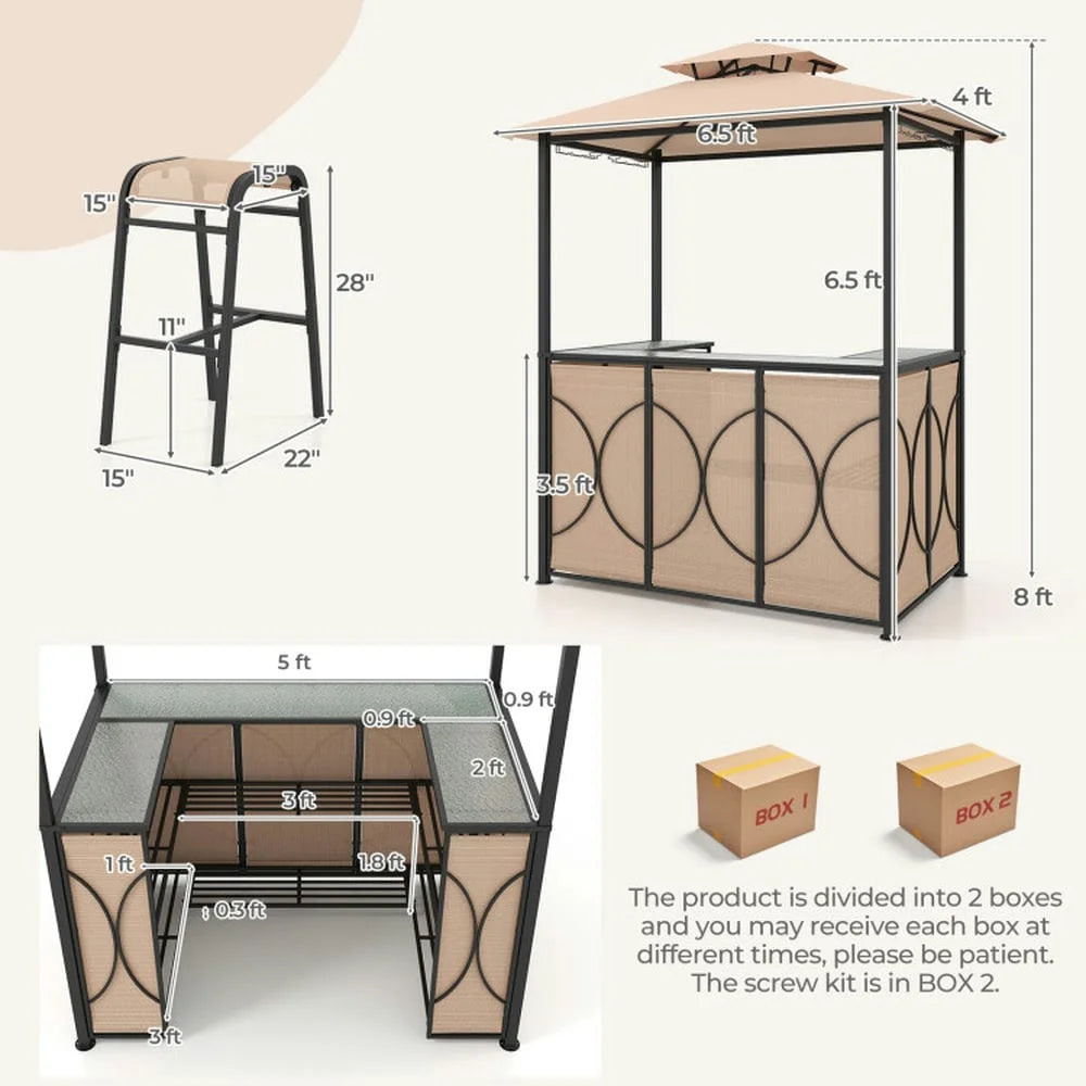 Aimee Lii 3-Piece Patio Bar Set Grill Patio Canopy & 2 Bar Stools with Tempered Glass Bar Table, Modern Patio Furniture for Outdoor Backyard Pool Deck-Brown