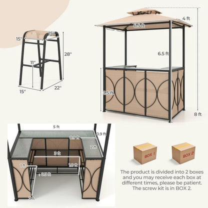 Aimee Lii 3-Piece Patio Bar Set Grill Patio Canopy & 2 Bar Stools with Tempered Glass Bar Table, Modern Patio Furniture for Outdoor Backyard Pool Deck-Brown