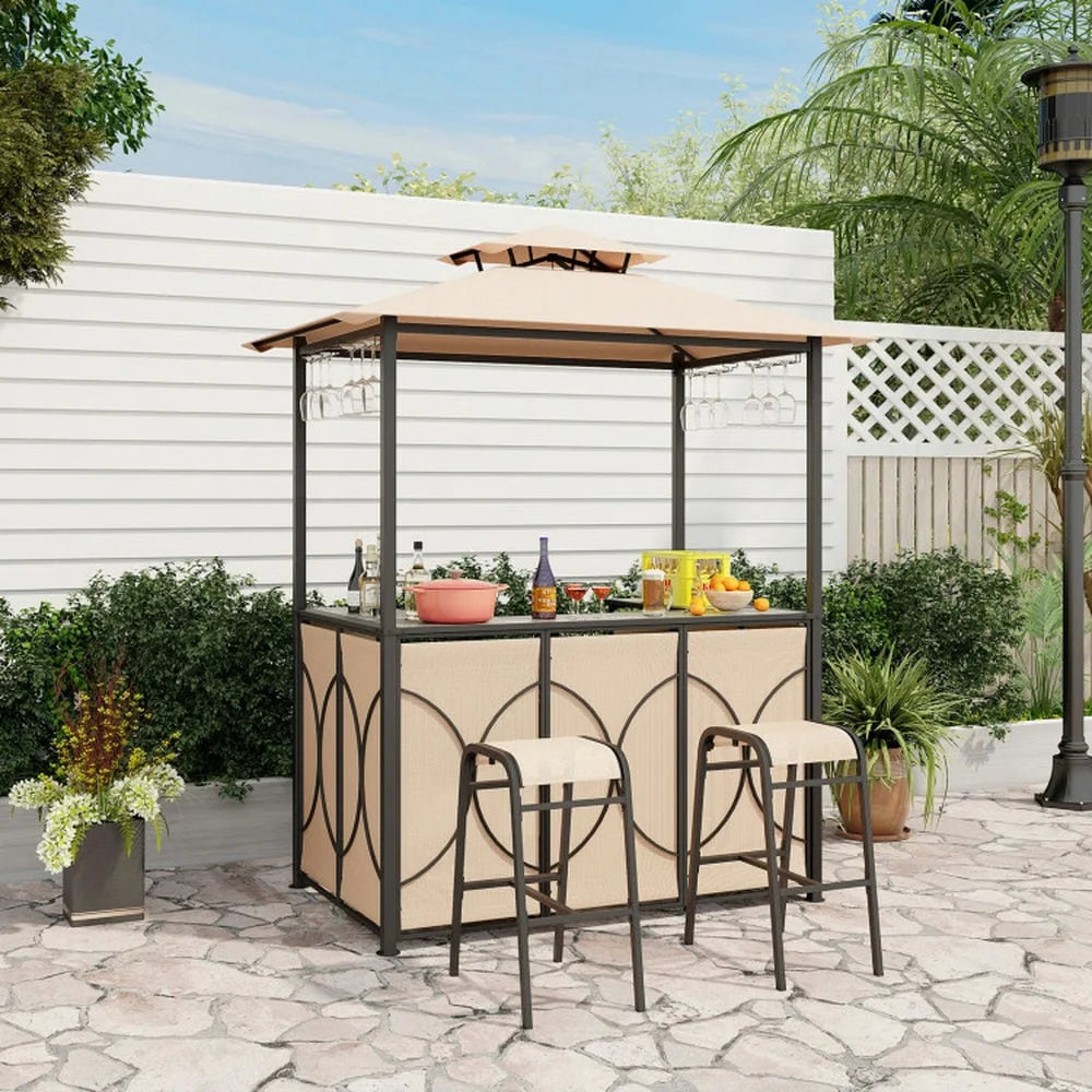 Aimee Lii 3-Piece Patio Bar Set Grill Patio Canopy & 2 Bar Stools with Tempered Glass Bar Table, Modern Patio Furniture for Outdoor Backyard Pool Deck-Brown