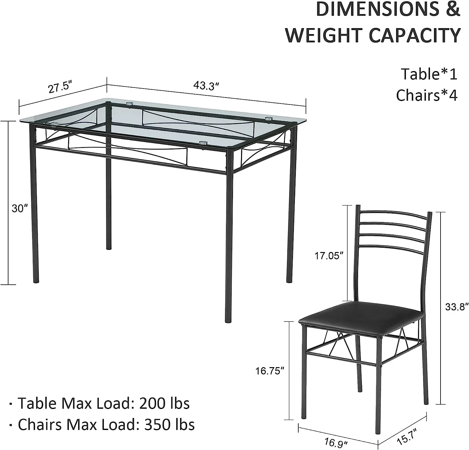 VECELO 5-Piece Dining Set Tempered Glass Top Table with 4 Upholstered Chairs for Home, Kitchen, Living Room, Black