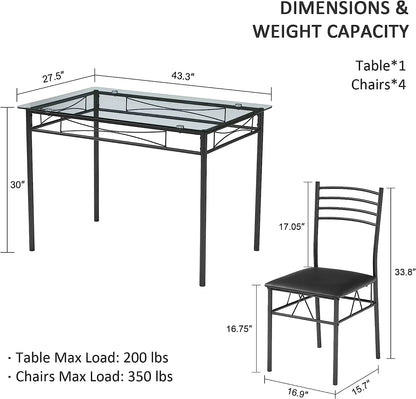 VECELO 5-Piece Dining Set Tempered Glass Top Table with 4 Upholstered Chairs for Home, Kitchen, Living Room, Black