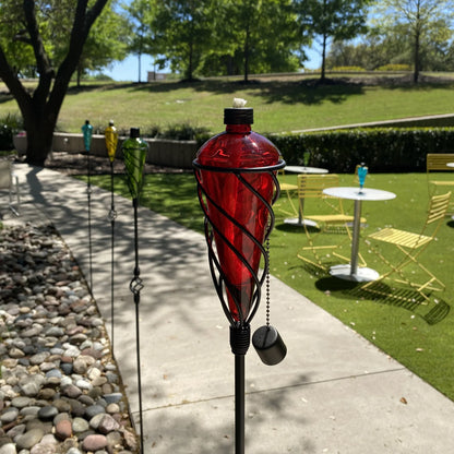 Westcharm 4 Pack 60 Inch Glass Garden Torch Light with Swirling Metal Ground Pole - Burning Citronella Torch Fuel | Outdoor Lighting for Party Patio Pathway Garden Décor - Assorted Colors