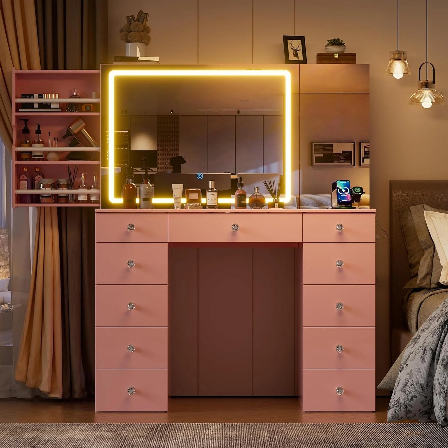 PAKASEPT Vanity Set with Lighted Mirror, Large Vanity Desk with Charging Station, Makeup Vanity Table with 11 Drawers & Hidden Sliding Storage Cabinet & Visible Glass Tabletop for Bedroom (White)