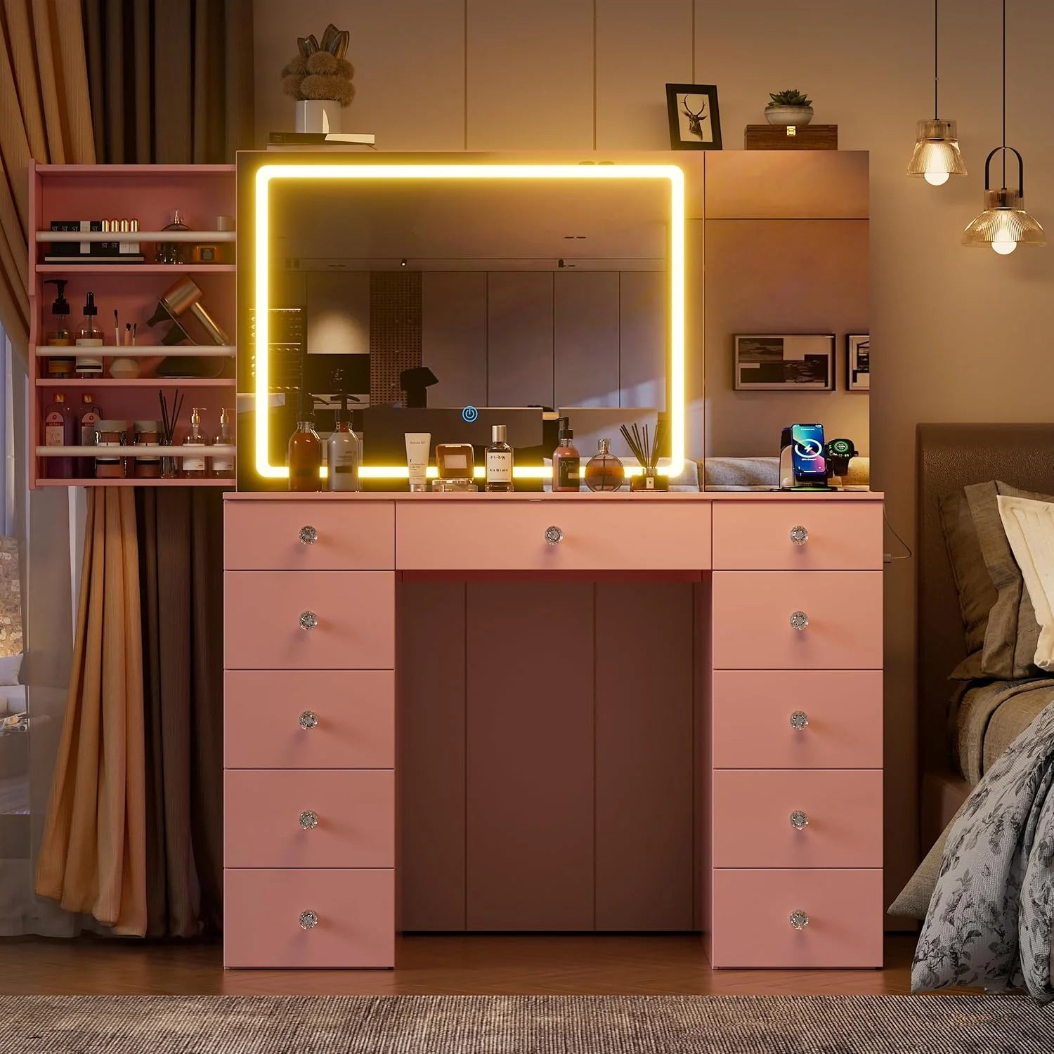 PAKASEPT Vanity Set with Lighted Mirror, Large Vanity Desk with Charging Station, Makeup Vanity Table with 11 Drawers & Hidden Sliding Storage Cabinet & Visible Glass Tabletop for Bedroom (White)