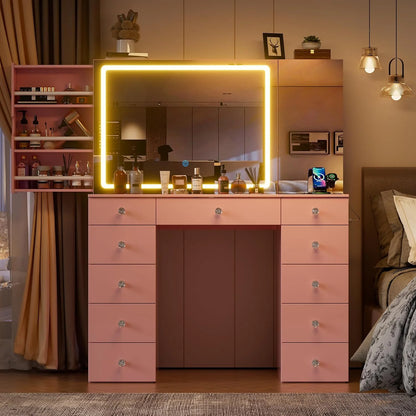 PAKASEPT Vanity Set with Lighted Mirror, Large Vanity Desk with Charging Station, Makeup Vanity Table with 11 Drawers & Hidden Sliding Storage Cabinet & Visible Glass Tabletop for Bedroom (White)