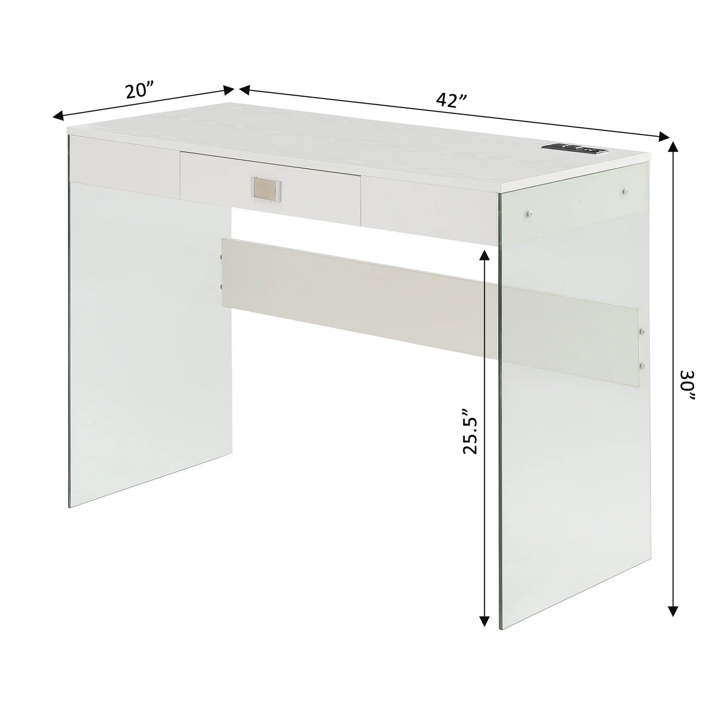 Convenience Concepts SoHo 30"H 42" W Glass Desk with Charging Station, White/Glass, All Ages