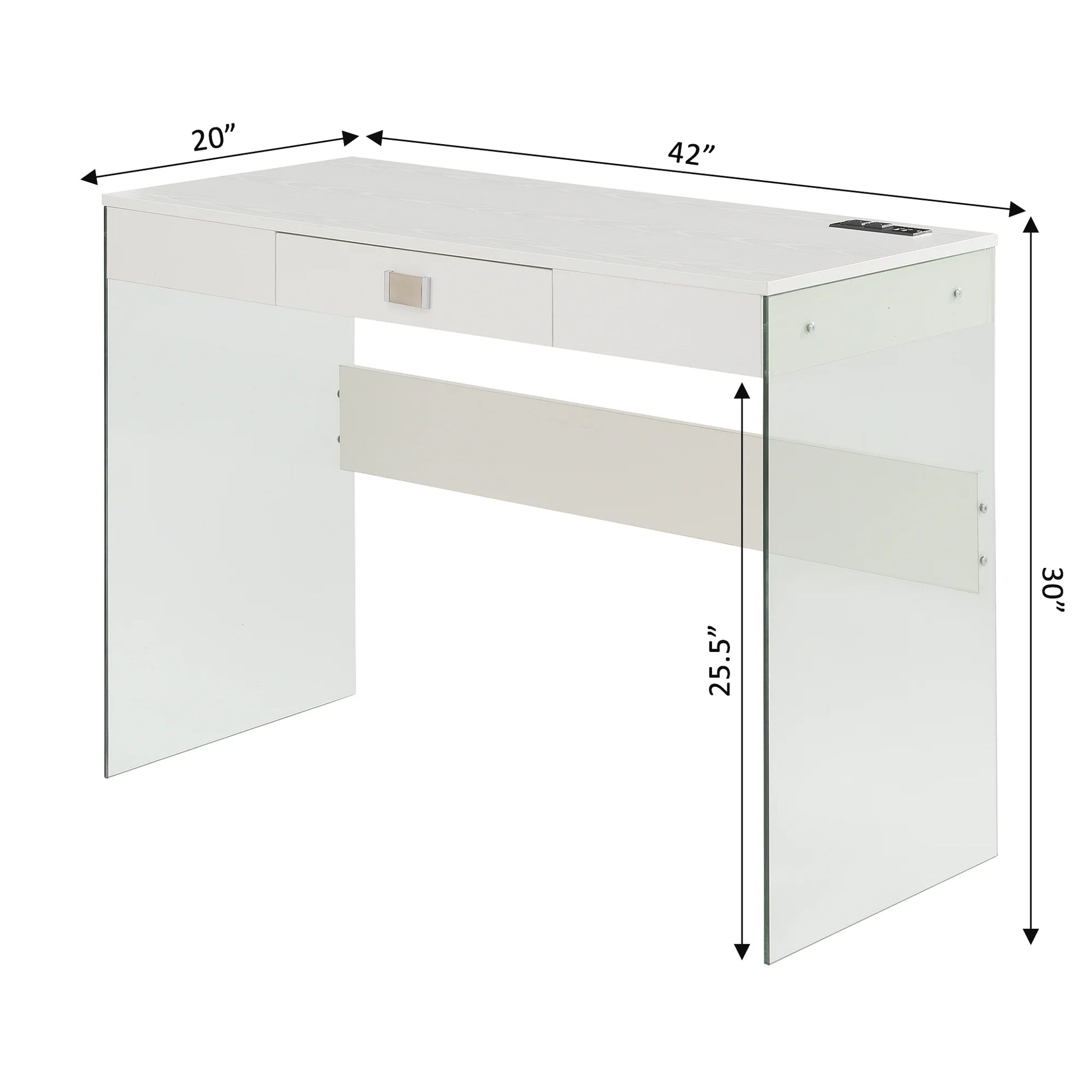 Convenience Concepts SoHo 30"H 42" W Glass Desk with Charging Station, White/Glass, All Ages
