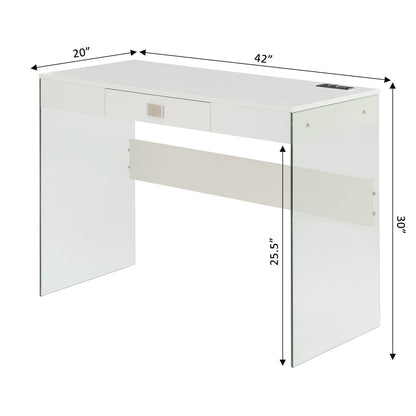 Convenience Concepts SoHo 30"H 42" W Glass Desk with Charging Station, White/Glass, All Ages