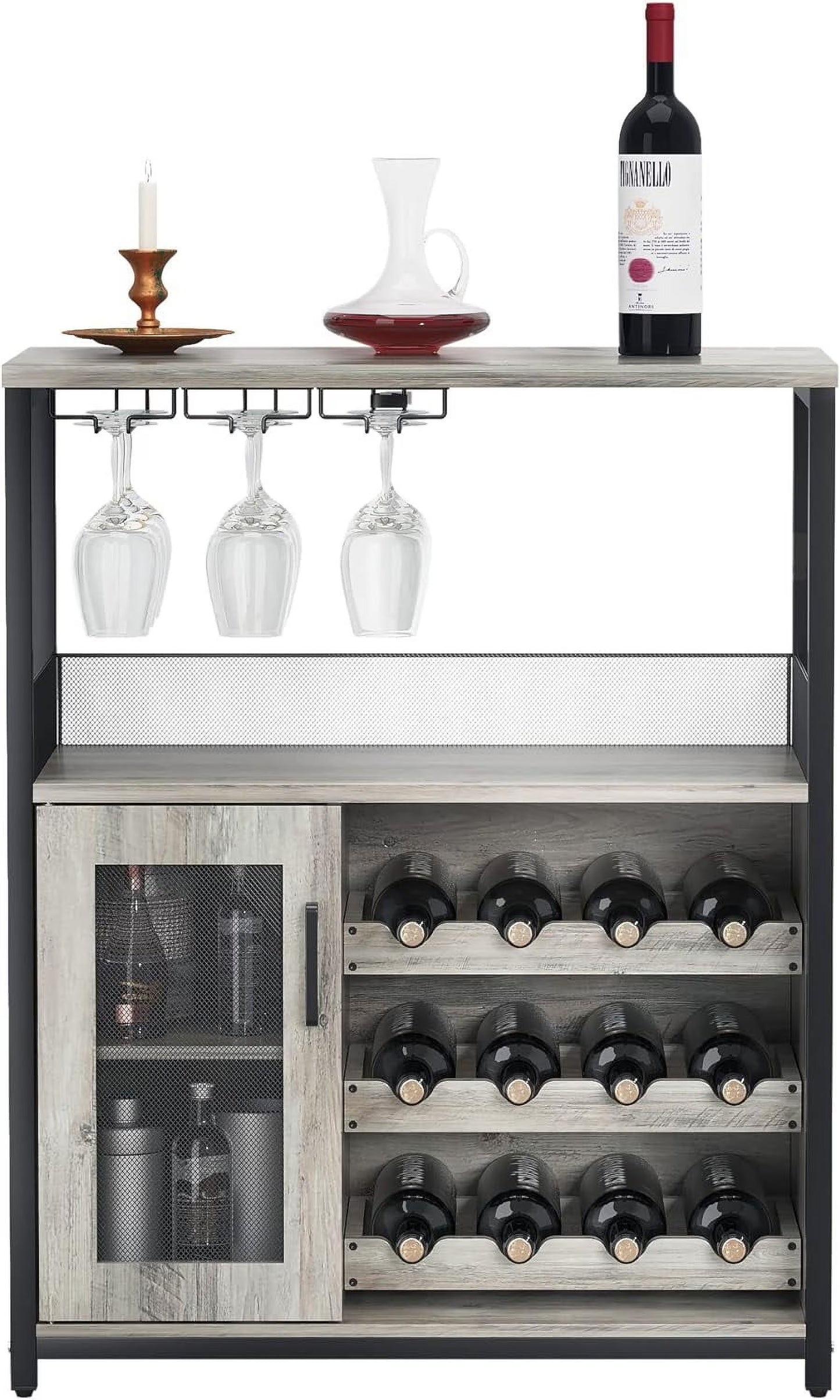 Homhougo Wine Bar Cabinet with Removable Wine Racks and 1 Drawer,Bar Cabinet with Glass Holder and Mesh Door for Liquor and Glasses (Grey)