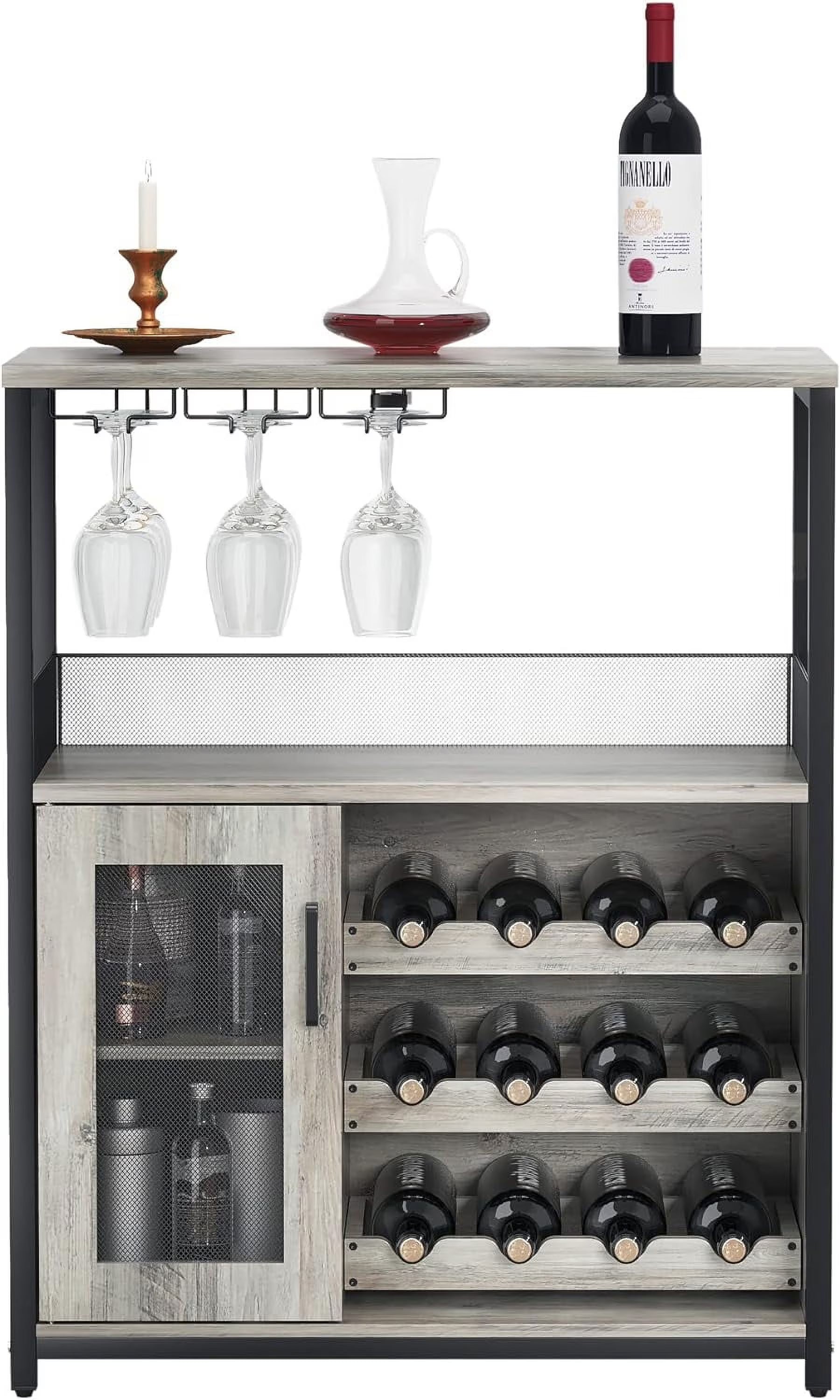 Homhougo Wine Bar Cabinet with Removable Wine Racks and 1 Drawer,Bar Cabinet with Glass Holder and Mesh Door for Liquor and Glasses (Grey)