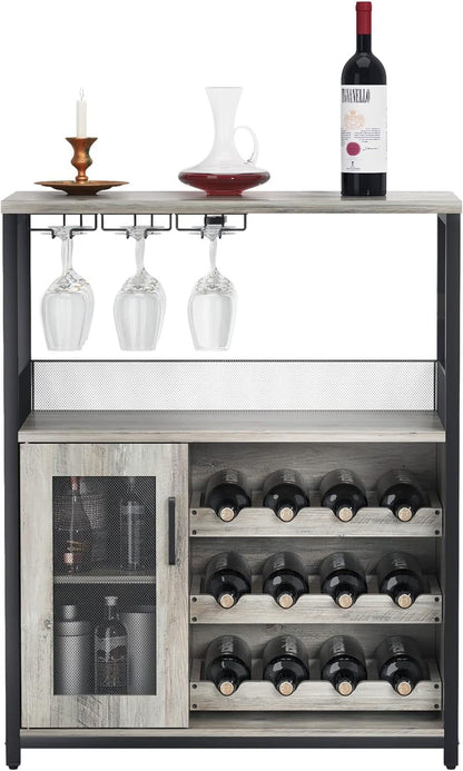 Homhougo Wine Bar Cabinet with Removable Wine Racks and 1 Drawer,Bar Cabinet with Glass Holder and Mesh Door for Liquor and Glasses (Grey)