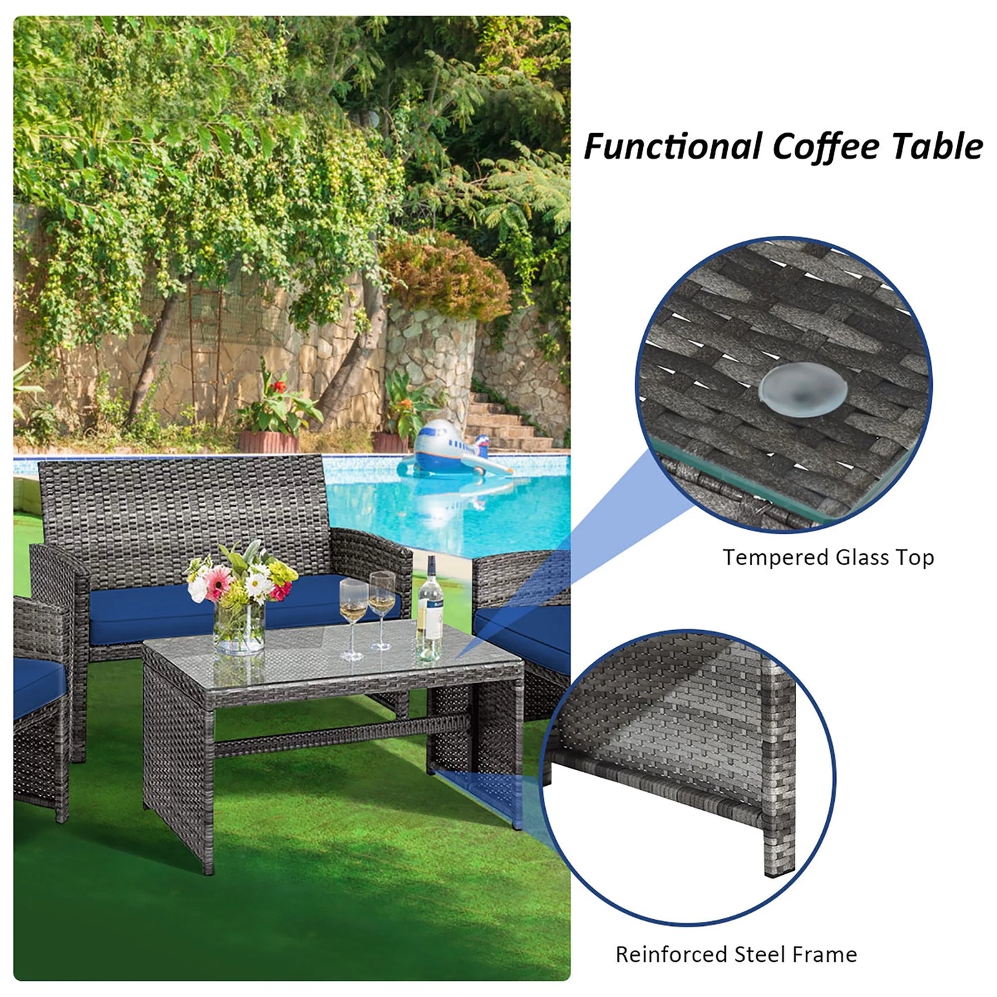 Costway 8PCS Patio Rattan Furniture Set Conversation Glass Table Top Sofa Cushioned Navy