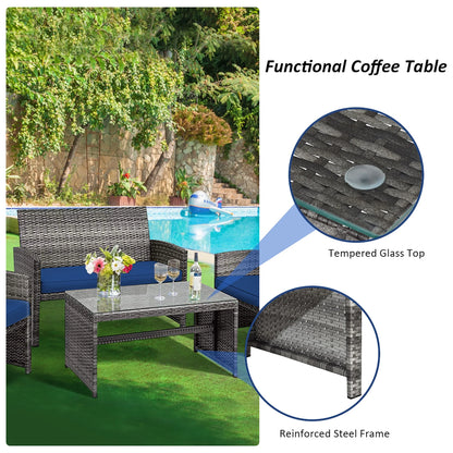 Costway 8PCS Patio Rattan Furniture Set Conversation Glass Table Top Sofa Cushioned Navy