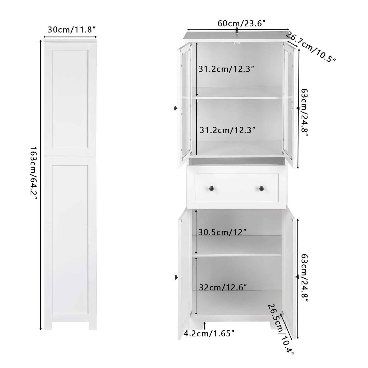 UBesGoo 64"H Pantry Cabinet, Tall Bathroom Closet Storage Organizer, with 2 Glass Doors Cabinets & Large Drawer, for Kitchen Living Room Bedroom Laundry Room Entryway Office, White