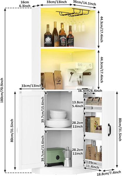 HAUXITIO Corner Bar Cabinet with Electrical Outlet, LED Lighting and Storage Drawer, 71" Home Coffee Bar Cabinet with Glass Rack