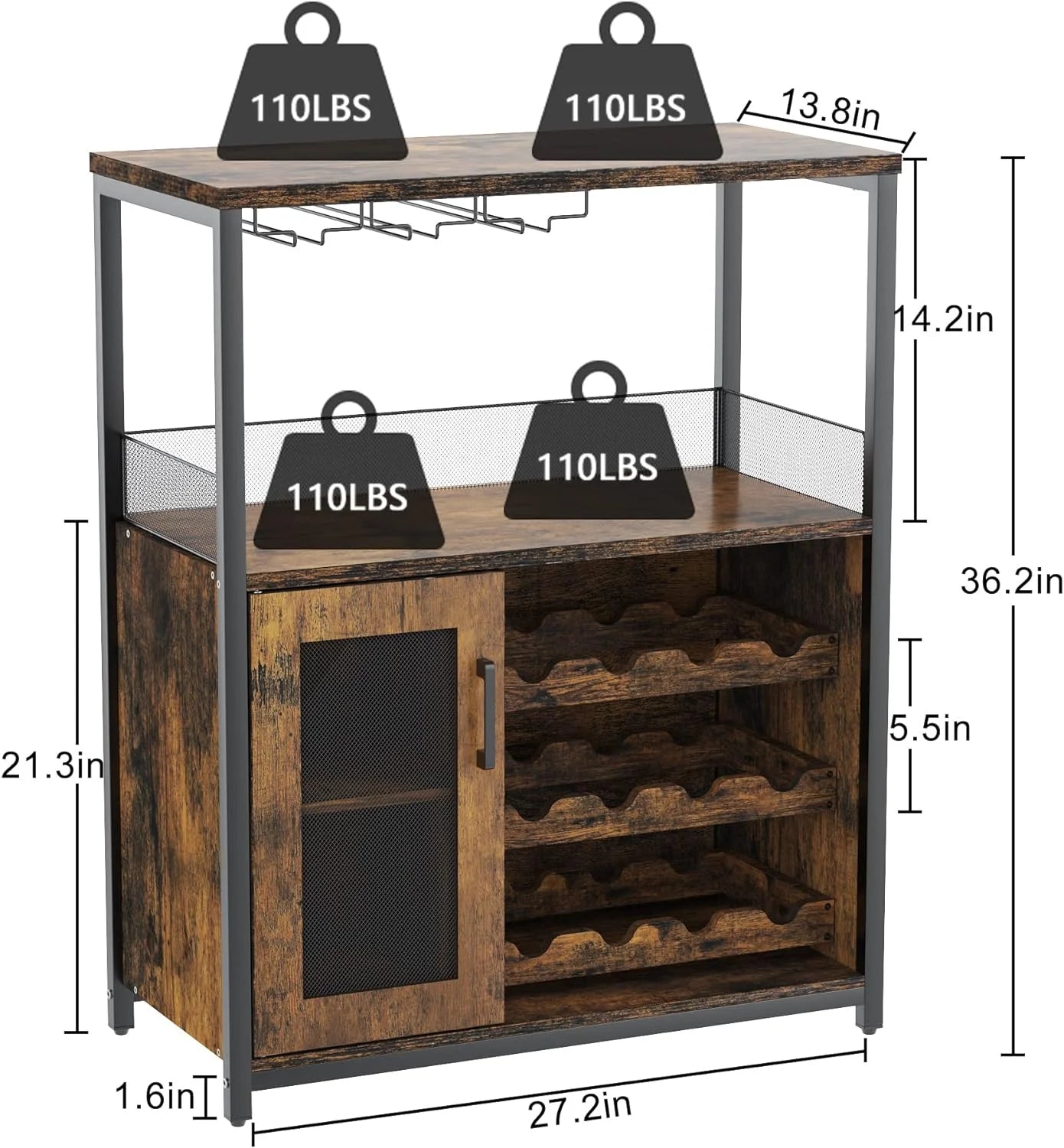 Homhougo Wine Bar Cabinet with Removable Wine Racks and 1 Drawer,Bar Cabinet with Glass Holder and Mesh Door for Liquor and Glasses (Grey)
