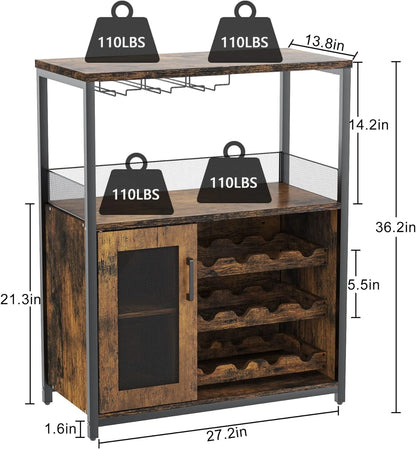 Homhougo Wine Bar Cabinet with Removable Wine Racks and 1 Drawer,Bar Cabinet with Glass Holder and Mesh Door for Liquor and Glasses (Grey)