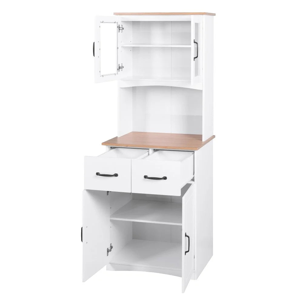 GZXS 67" Modern Buffet with Hutch, Kitchen Pantry Microwave Cabinet with Framed Glass Doors and 2 Drawers, White
