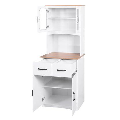 GZXS 67" Modern Buffet with Hutch, Kitchen Pantry Microwave Cabinet with Framed Glass Doors and 2 Drawers, White