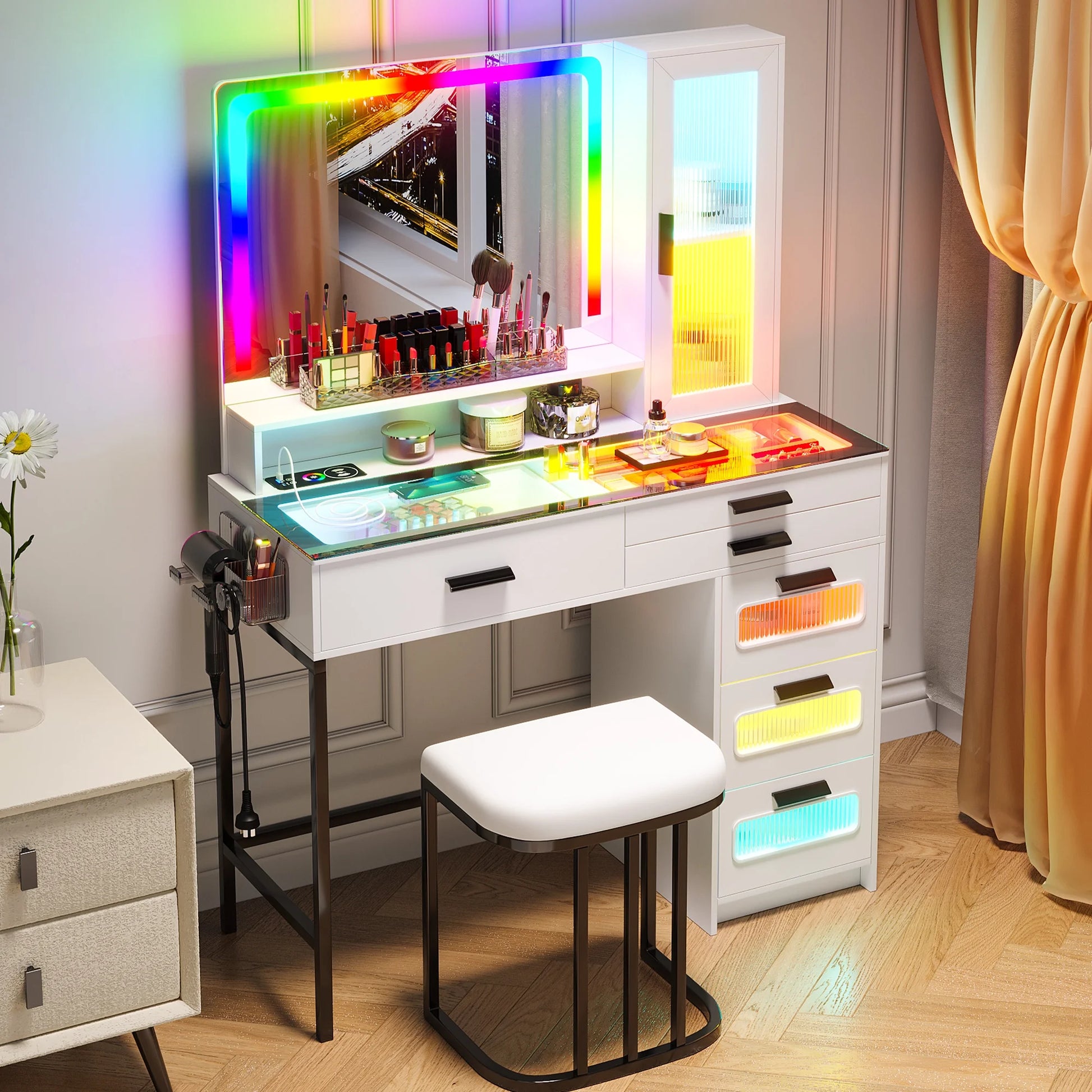 HNEBC Vanity Desk with Mirror and RGB Lights, Glass Top Makeup Vanity with Auto Sensor Lights and Wireless Charging, Vanity Table Set with Cushion Stool, Dressing Table with 6 Drawers (White)