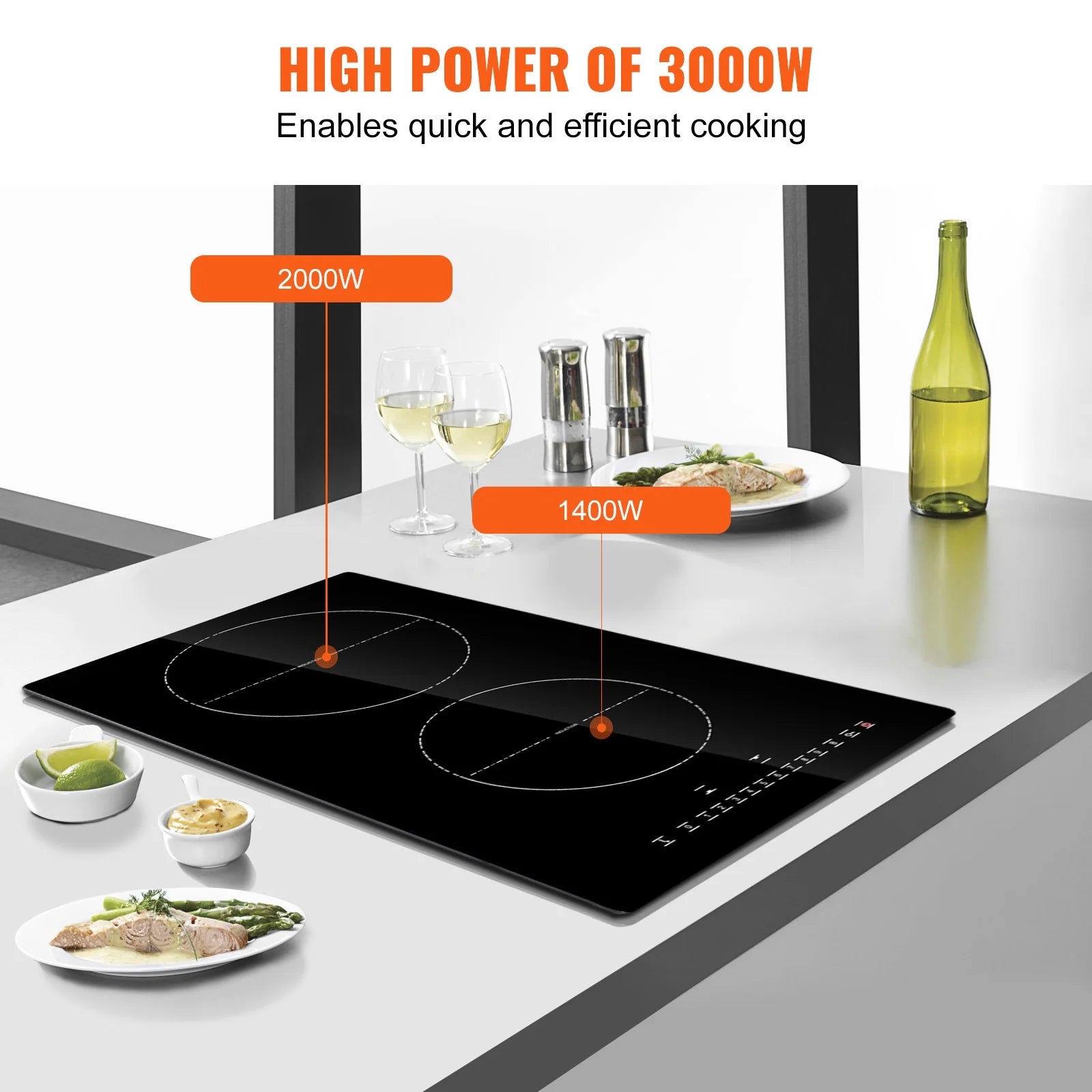 KFFKFF 12'' Built-in Induction Electric Stove Top ,2 Burners Multifunctional Burner Electric Cooktop,9 Heating Level & Sensor Touch Control, Easy to Clean Ceramic Glass Surface