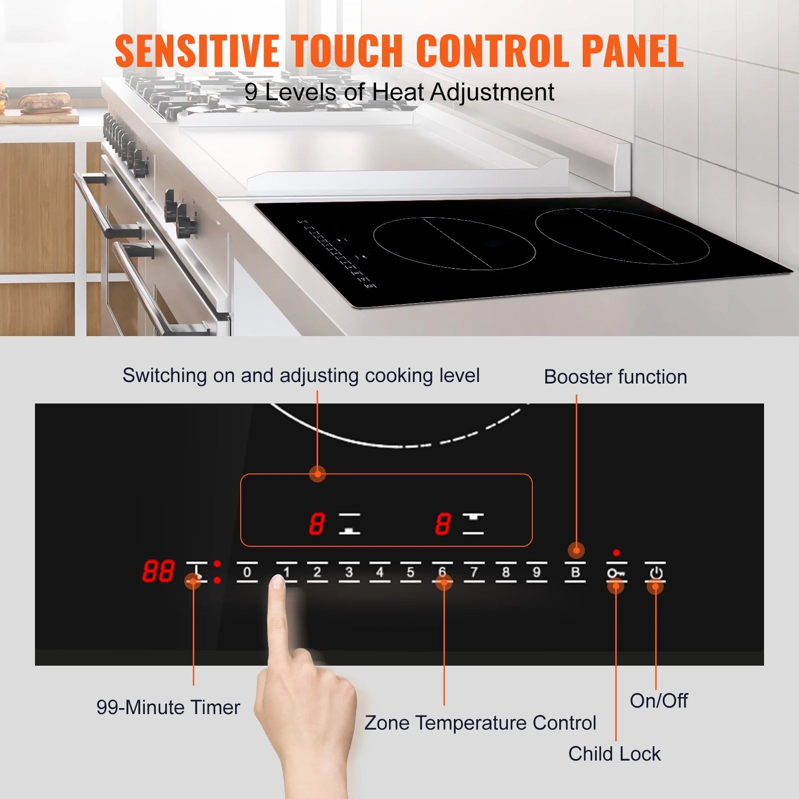 KFFKFF 12'' Built-in Induction Electric Stove Top ,2 Burners Multifunctional Burner Electric Cooktop,9 Heating Level & Sensor Touch Control, Easy to Clean Ceramic Glass Surface