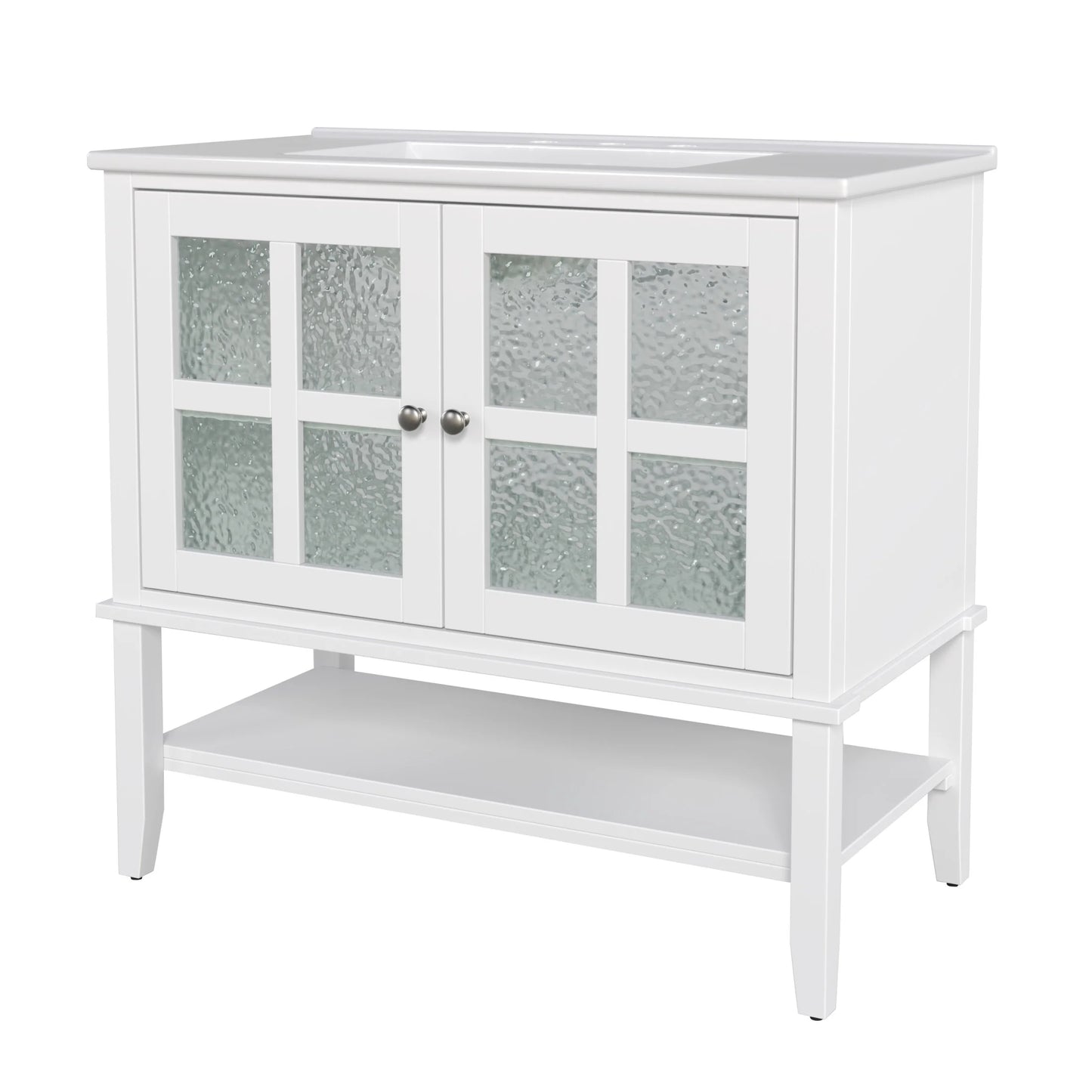 Christopher Knight Home 36" Bathroom Vanity with Sink, Textured Glass Doors, Open Shelf, White