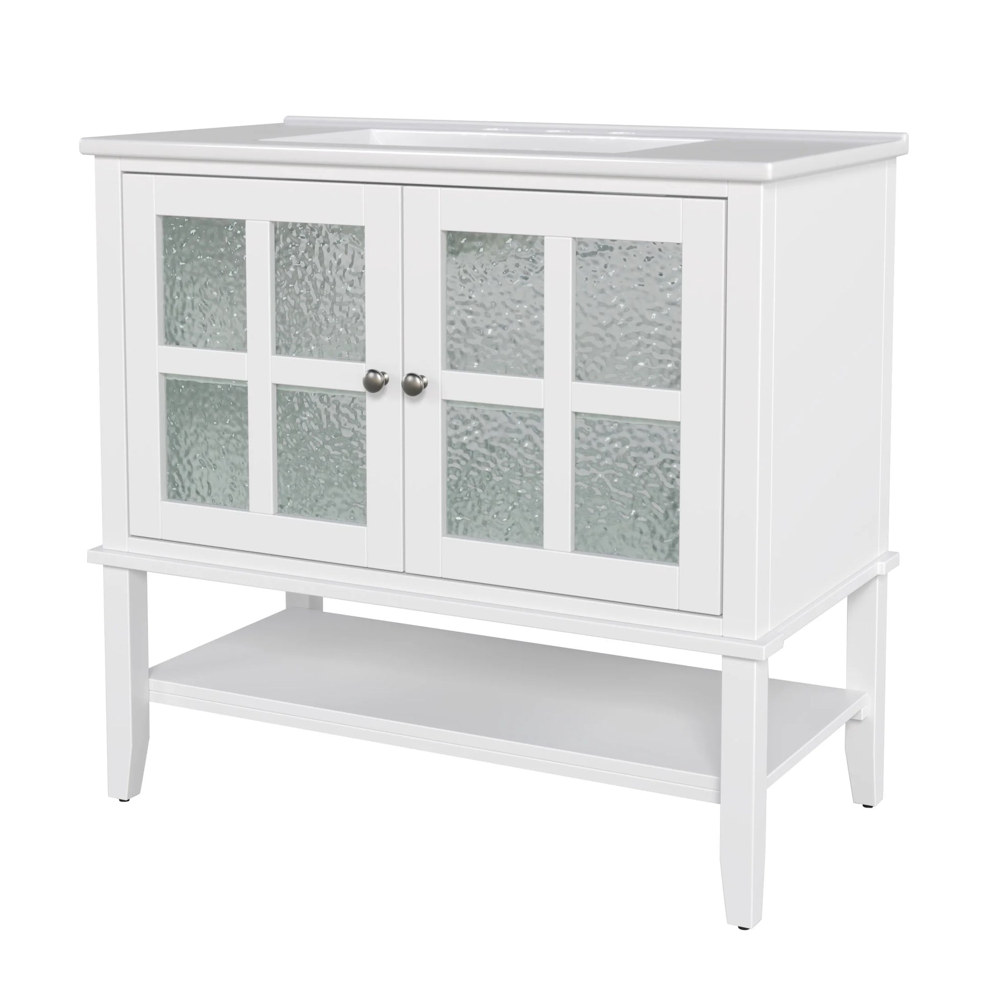 Christopher Knight Home 36" Bathroom Vanity with Sink, Textured Glass Doors, Open Shelf, White
