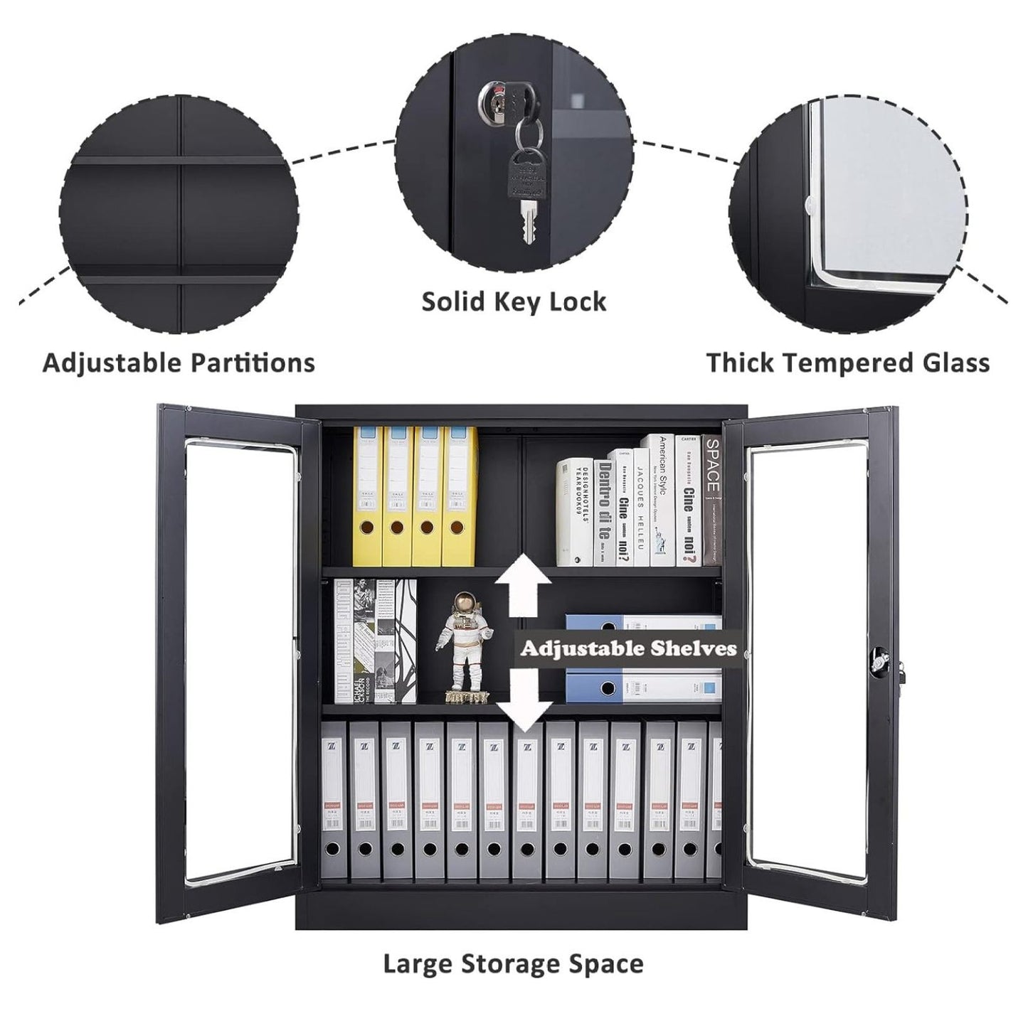 Drevy Metal Storage Cabinet with Doors and Shelves,Glass Cabinet Display Cabinet with Glass Doors,Office Cabinet with Storage Shelves and Double Doors, for Garage and Utility Room, Home Office