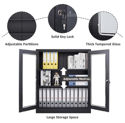 Drevy Metal Storage Cabinet with Doors and Shelves,Glass Cabinet Display Cabinet with Glass Doors,Office Cabinet with Storage Shelves and Double Doors, for Garage and Utility Room, Home Office